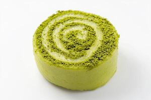 A matcha roll cake with matcha powder. photo