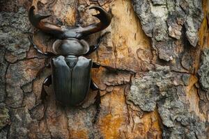 A stag beetle resting on a tree trunk. photo