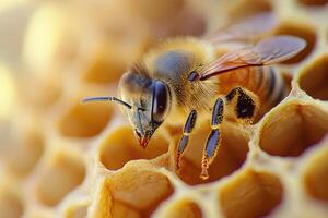 A honeybee working inside a hive. photo