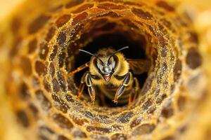 A honeybee working inside a hive. photo
