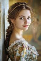 Renaissance woman with a sly smile, in a richly decorated gown, under soft natural light. photo