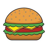 full of flavor appetizing burger covered with sesame seeds with beef cutlet, yellow cheese, red tomato, lettuce, cucumber, bun with a crispy crust, illustration on white background isolated vector