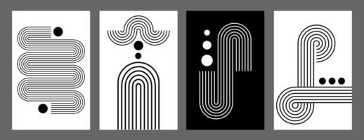 Swiss design aesthetics. Memphis Bauhaus design. Linear geometric arches and round abstract shapes. Set of century line designs for magazines, books, posters, flyers. vector