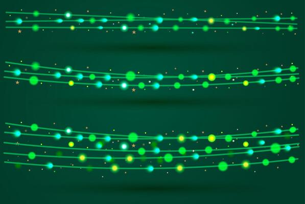 Christmas decorative light garlands set on green background. New Year's decor with glowing lights. Realistic Xmas holiday decoration. Festive light bulb.