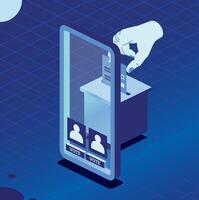 Isometric online voting and election concept using the smartphone. People vote online using mobile app to choose their candidate. vector