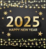 Happy new year 2025. Greeting card with neon garland and golden stars on black background with textured effect. Decoration with colorful twinkles. vector