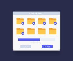 Upload file folders window with progress bar, interface vector