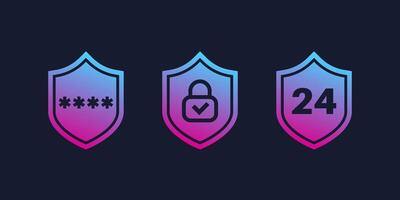 Cybersecurity icons with a shield, 24 security and protection vector