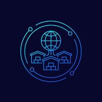 Global sourcing icon with warehouses, linear design vector