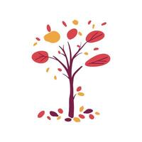 Hand drawn folk tree with autumn leaves in red and yellow. Flat Simple style. vector