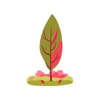 Hand drawn cypress tree in pink and green with leaves and grass. Autumn and spring themes. Simple design. Flat Icon vector