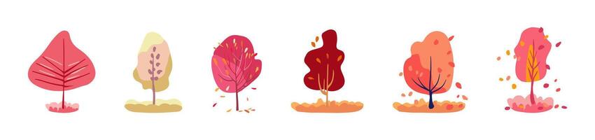 Autumn set of decorative pink and red trees. Multicolored bright botanyfolk. Isolated vector