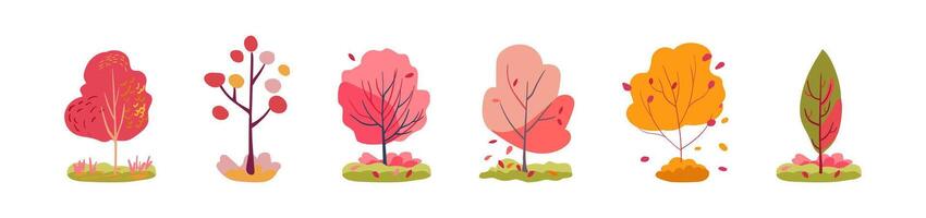 Botanical set of green and red trees. Lush yellow and pink folk foliage. Isolated vector