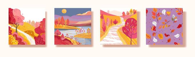 Set of square posters with landscapes Hand drawn. Autumn trees with foliage. vector
