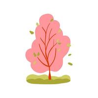 Hand drawn tree icon. Simple design with pink, green grass, and autumn leaves. Flat Spring theme. vector