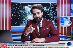 Talk show host discuss about artist receiving musical award for great performance, musician on chart top with new song. News presenter doign reportage about singer accepting prize. photo