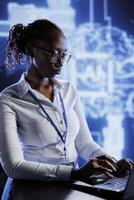 Licensed programmer developing artificial intelligence neural networks nodes modeled after human brain. Adept specialist setting up AI machine learning accurately making predictions using data photo