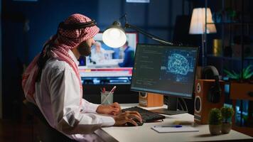 Knowledgeable data scientist updating neural networks, writing complex binary code scripts. Certified teleworking freelancer in home office uses digital device programming to upgrade AI photo