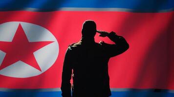 Secret intelligence agent doing saluting hand gesture towards North Korea flag in war room, showing respect. Special operations spy with mask serving country, doing honoring gesturing, camera B photo