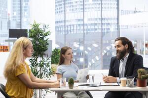 Financial advisor assessing clients economic needs and goals to provide personalized planning advice. Agent optimizing investment returns for family requesting help while managing risk photo