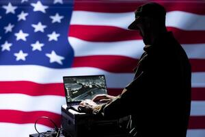 US Air Force soldier defending democracy and helping protect national aerial space. United States army officer trained to defend his nation and citizens, using tracking system on laptop photo