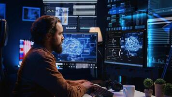 Freelancer using computer, interacting with artificial intelligence software using AR tech. Remote worker working with AR technology, giving commands to virtual AI companion photo