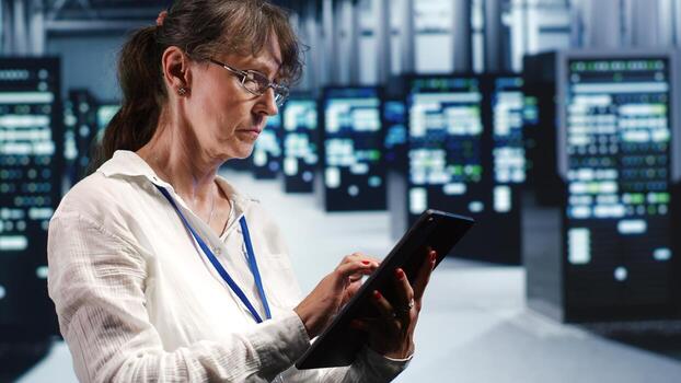 Octogenarian system administrator working in data center housing GPU dedicated server rigs that can process AI tasks with high efficiency, fixing out of order devices used for machine learning photo