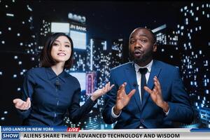 Show hosts reveal wisdom from aliens sharing advanced technology and practises with humans, ufo landing. Diverse newscasters team presenting important information regarding invasion. photo