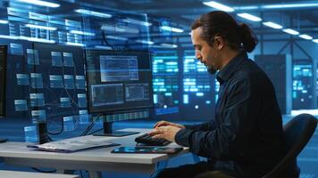 Admin in data center using augmented reality technology to do flow based programming, XR nodes interface. Server room worker looking at AR visualization hologram, tracking network traffic photo