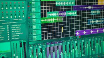 Empty space used for recording music on electronic tools in home studio, mixing and mastering tracks with modern equipment. Creating tunes with panel soundboard and performance console. photo