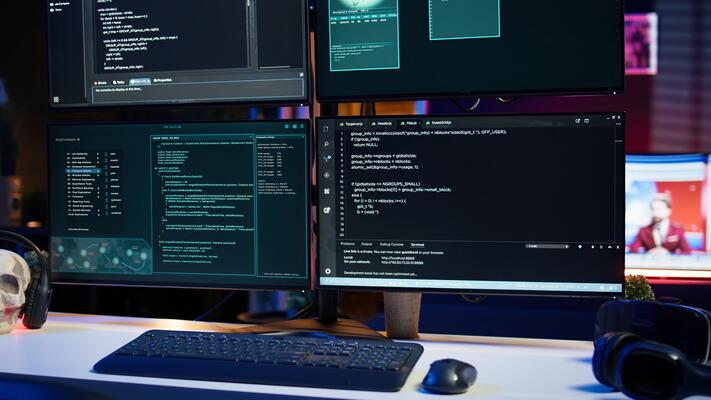 Close up of code running on computer displays in empty apartment used by hacker stealing secrets. Illegal scripts on PC screens used by spy infiltrating governments, handheld camera shot