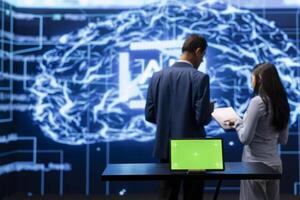 AI developers colleagues using green screen laptop for business data analysis. IT specialists in high tech location work on chroma key notebook to automatize tasks using artificial intelligence photo