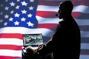 American army dispatcher using headphones microphone, offering strategy insights to commanders fighting on front lines. Command center operator providing intel for troops, isolated over USA flag photo