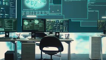 Empty governmental cyber defense and surveillance room equipped with cutting edge advanced technology. Ensuring safety from cyber attacks and digital threats with cyber security measures. Camera A. photo