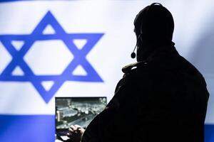 Israeli air defense operator using radar detecting missile attacks and conducting space surveillance and satellite tracking. Israel Mossad agent using military software preventing rockets photo