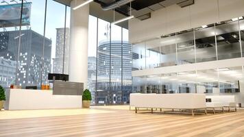 Modern office lobby with sleek reception desk and panoramic skyscrapers views. The natural light and contemporary design is creating a professional and welcoming business environment. photo