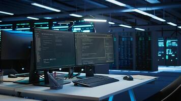 Computers in data center used for managing infrastructure rigs energy consumption. PC screens in high tech workplace used for automation and monitoring processes in server farm photo