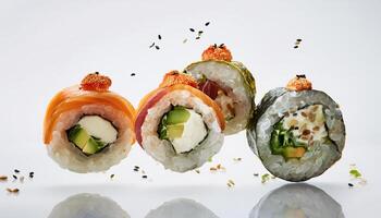 floating sushi roll with white background. isolated. photo