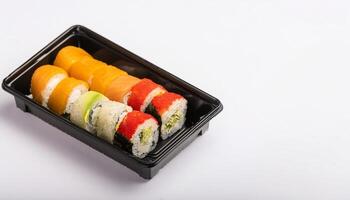 slice of sushi roll in bento box with white background. isolated. photo