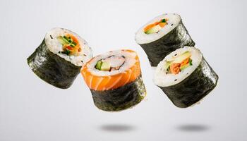 floating sushi roll with white background. isolated. photo