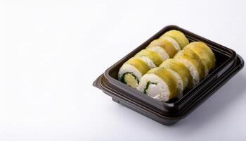 slice of sushi roll in bento box with white background. isolated. photo