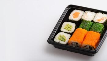 sushi roll in bento box with white background. isolated. photo