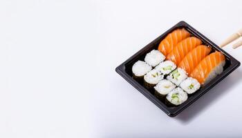 sushi roll in bento box with white background. isolated. photo