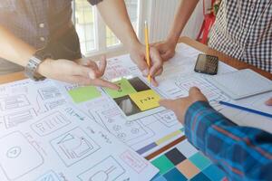 Smooth Focus, group of web designers are working together to develop mobile responsive website with UI UX Front End Designer Previewing. website designers in form of mobile applications with UI UX photo