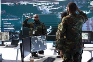 Military officer leads cybersecurity efforts in a high tech control center, ensuring data protection and managing surveillance systems, Coordinating national security operations. photo