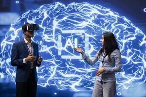 IT specialist coding in modern lab using VR tech, programming artificial intelligence computing simulating human brain. Programmer using virtual reality gear to build AI machine learning algorithms photo