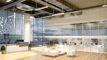 Contemporary office reception area with natural light and a panoramic view of downtown skyscrapers. Luxury interior design includes modern furniture and welcoming plants, professional setting. photo