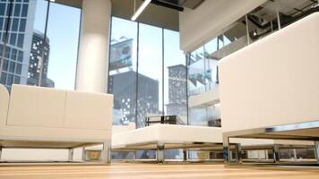 Elegant office lobby with a sleek reception desk and spacious corporation layout. Large glass windows provide a bright urban skyscrapers view, enhancing the business environment. photo