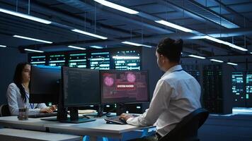Engineer in server hub frightened by hacker passing company firewall and stealing sensitive user data. Afraid man panicks after seeing security breach notification on computer in data center, camera B photo