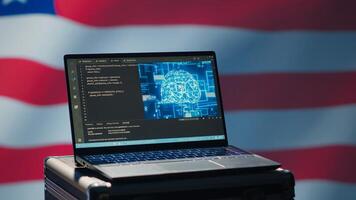 AI software on laptop used by American domestic security services to prevent terrorism. Artificial intelligence technology enhancing Patriot Act surveillance procedures against USA enemies, camera A photo